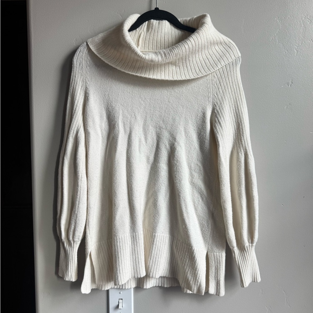 Anthropologie Cream Oversized Funnel Neck Sweater XS Scandi Minimalist Cozy